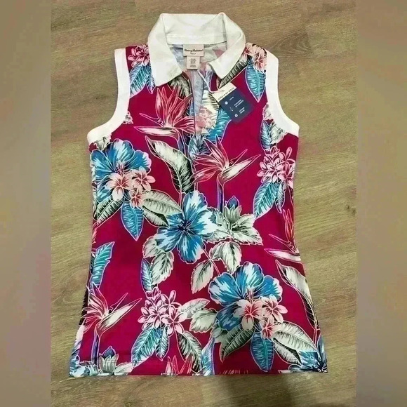 Nwt Tommy Bahama Active Golf Tennis Sleeveless Pink Floral Polo Top Sz XS - Picture 1 of 4